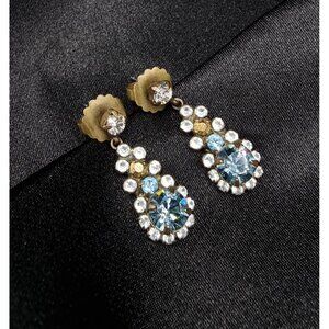 Rare Find SORRELLI Crystal Teardrop Earrings Gold Tone & Blue Rhinestones